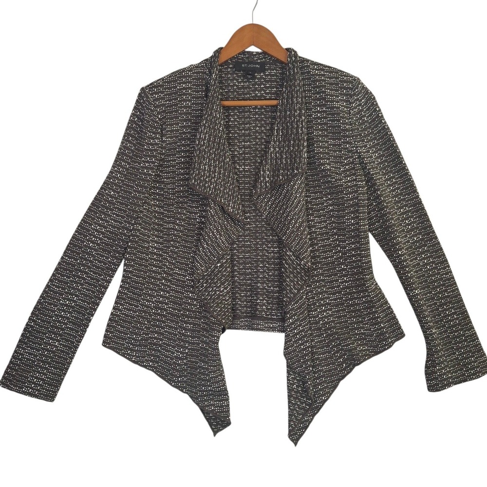 St. John Evening Open Front Cardigan Jacket Sz 14 Textured Knit Draped Waterfall